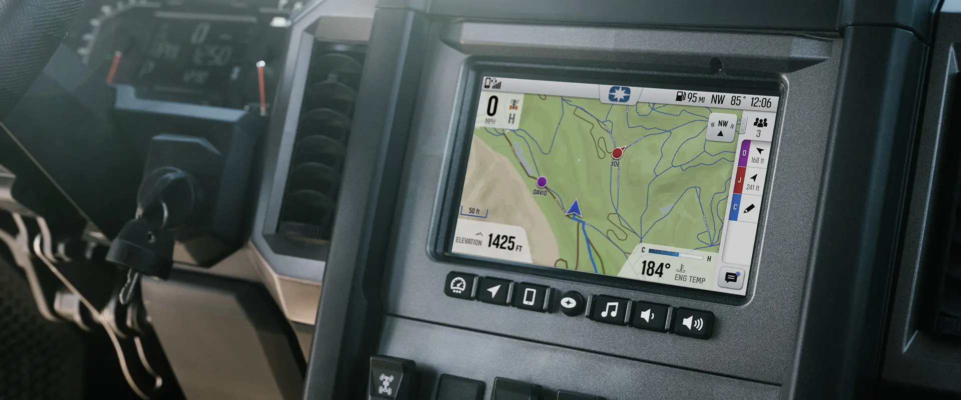 Closeup of the RIDE COMMAND touch screen in the all-season cab of a 2026 Polaris XPEDITION ADV NorthStar performance SxS.