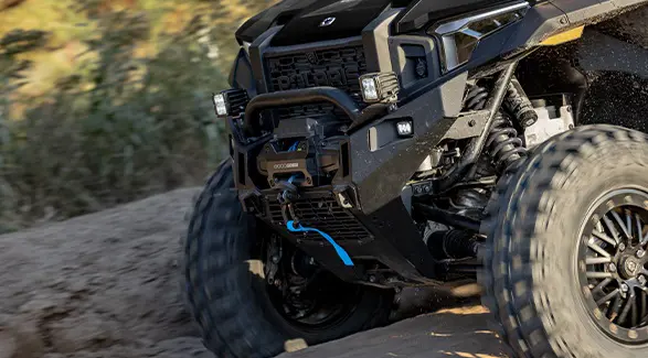Closeup of the winch on a 2026 Polaris XPEDITION ADV NorthStar performance side-by-side.