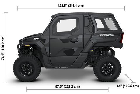 Vue latérale du Polaris XPEDITION ADV NorthStar 2026 Matte Super Graphite avec les dimensions de hauteur, de largeur et de longueur.