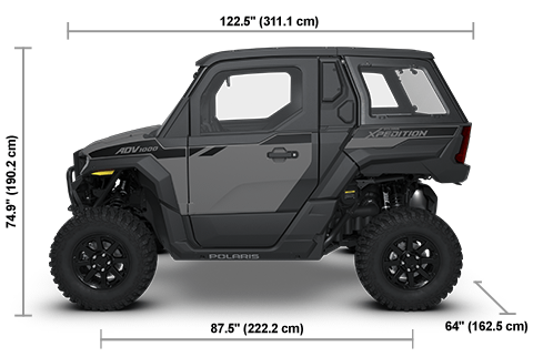 Vue latérale du Polaris XPEDITION ADV NorthStar 2026 Slate Gray avec les dimensions de hauteur, de largeur et de longueur.
