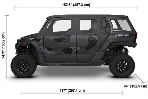 Vue latérale du Polaris XPEDITION ADV 5 NorthStar 2026 Matte Super Graphite avec les dimensions de hauteur, de largeur et de longueur.
