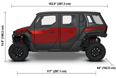 Vue latérale du Polaris XPEDITION ADV 5 NorthStar 2026 Performance Red avec les dimensions de hauteur, de largeur et de longueur.