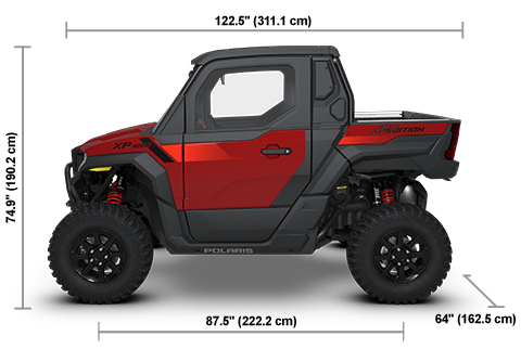 Vue latérale du Polaris XPEDITION XP NorthStar 2026 Performance Red avec les dimensions de hauteur, de largeur et de longueur.