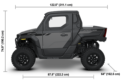 Side view of the Slate Gray 2026 Polaris XPEDITION XP NorthStar with height, width and length dimensions.
