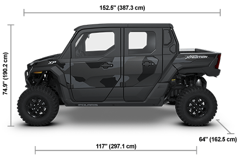Vue latérale du Polaris XPEDITION XP 5 NorthStar 2026 Super Matte Graphite avec les dimensions de hauteur, de largeur et de longueur.