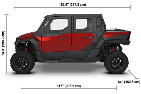 Vue latérale du Polaris XPEDITION XP 5 NorthStar 2026 Performance Red avec les dimensions de hauteur, de largeur et de longueur.