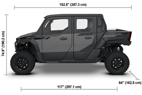 Vue latérale du Polaris XPEDITION XP 5 NorthStar 2026 Slate Gray avec les dimensions de hauteur, de largeur et de longueur.