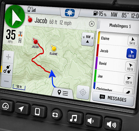 Group Ride feature on a RIDE COMMAND touchscreen display in a Polaris XPEDITION side-by-side.