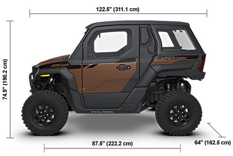 Side view of the Matte Mocha 2027 Polaris XPEDITION ADV NorthStar with height, width and length dimensions.
