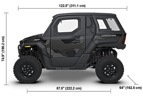 Side view of the Matte Super Graphite 2027 Polaris XPEDITION ADV NorthStar with height, width and length dimensions.