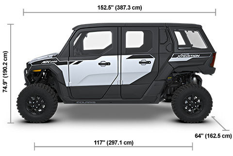 Side view of the Ghost White Metallic 2027 Polaris XPEDITION ADV 5 NorthStar with height, width and length dimensions.
