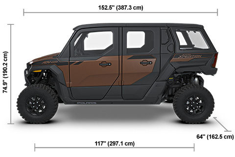 Side view of the Matte Mocha 2027 Polaris XPEDITION ADV 5 NorthStar with height, width and length dimensions.