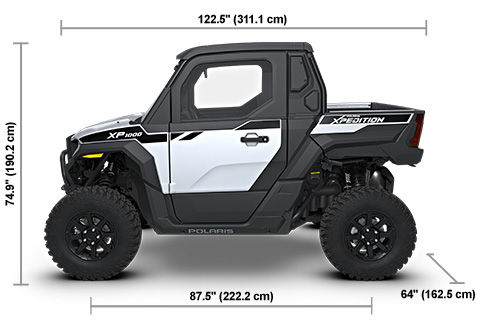 Side view of the Ghost White Metallic 2027 Polaris XPEDITION XP NorthStar with height, width and length dimensions.