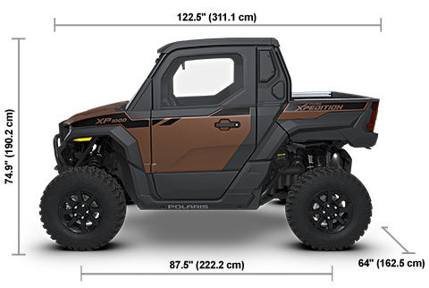 Side view of the Matte Mocha 2027 Polaris XPEDITION XP NorthStar with height, width and length dimensions.