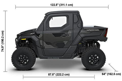 Side view of the Matte Super Graphite 2027 Polaris XPEDITION XP NorthStar with height, width and length dimensions.