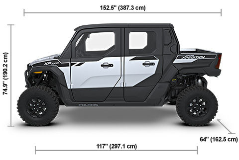 Side view of the Ghost White Metallic 2027 Polaris XPEDITION XP 5 NorthStar with height, width and length dimensions.