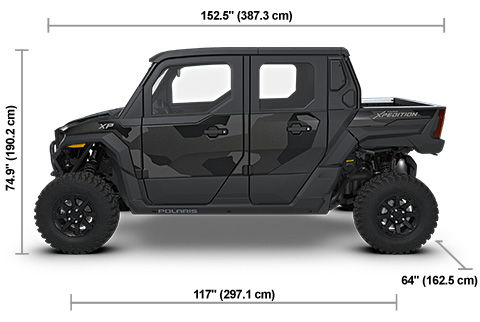 Side view of the Matte Super Graphite 2027 Polaris XPEDITION XP 5 NorthStar with height, width and length dimensions.